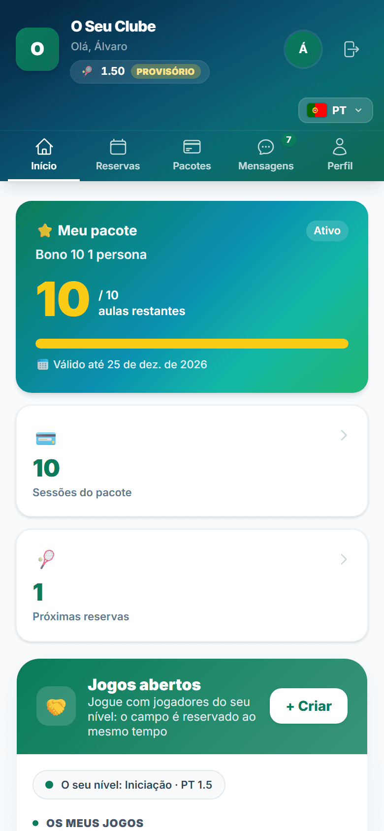 O meu espaço: a app do clube no telemóvel do jogador, com o seu pacote e os seus jogos